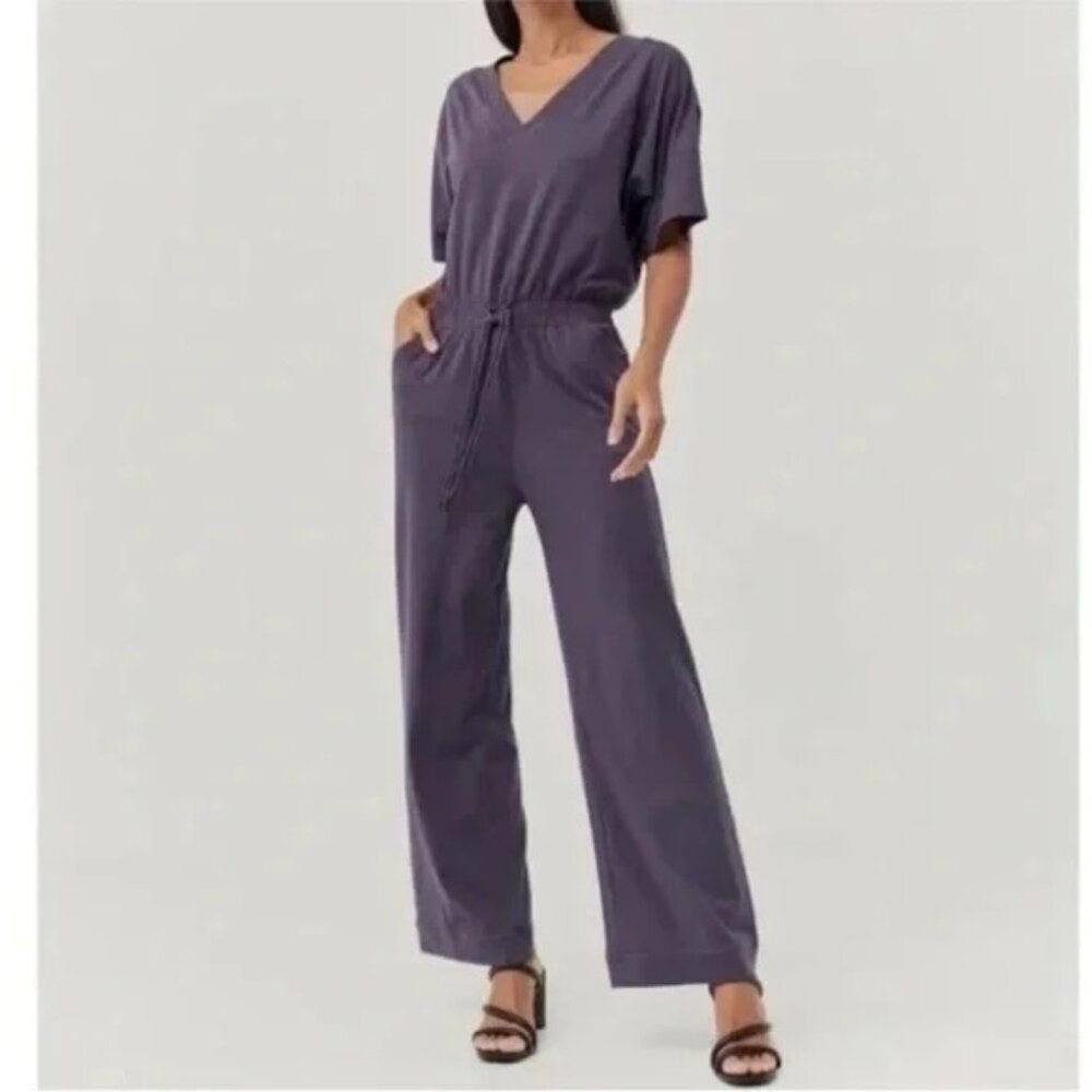 Pact Organic Cotton Revive Deep V Jumpsuit Currant Purple SIZE Small